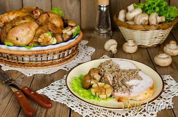 Курица фаршированная гречкой с грибами
